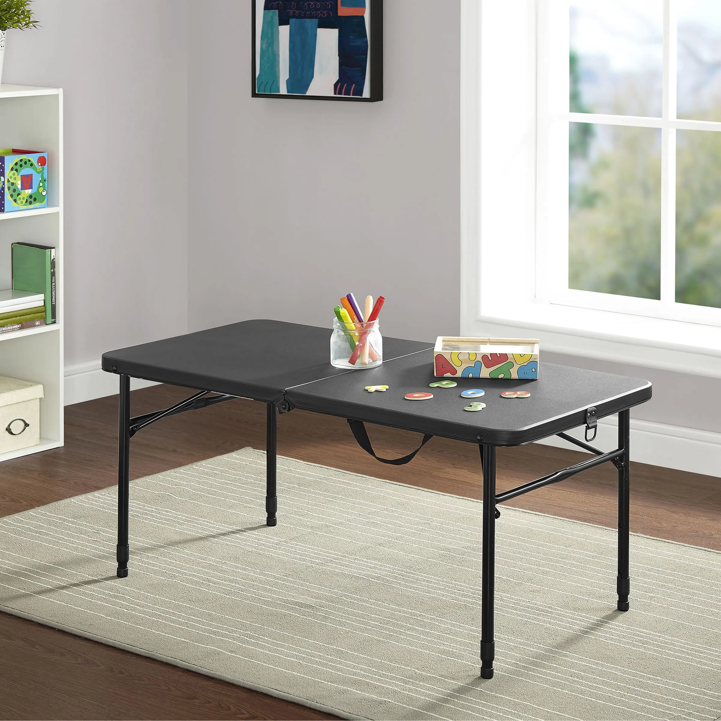 

40"l X 20"w Plastic Adjustable Height Fold-In-Half Folding Table, Rich Black (Us Stock)