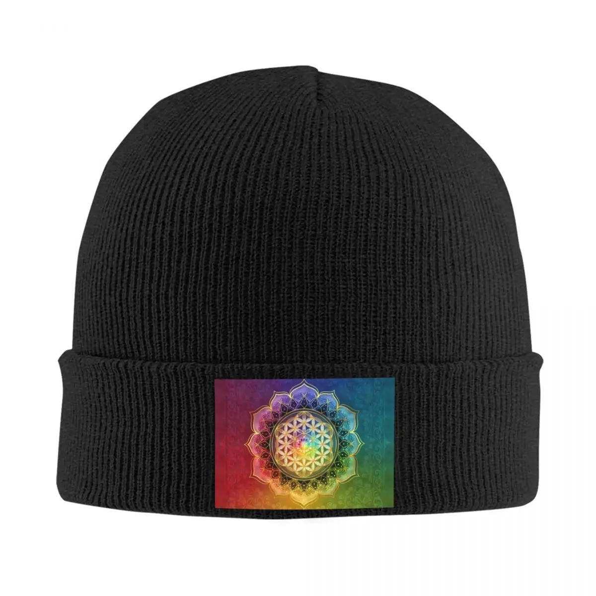 

Rainbow Flower Of Life With Lotus Beanie Cap Unisex Winter Warm Bonnet Homme Knitting Hats Sacred Geometry Skullies Beanies Caps