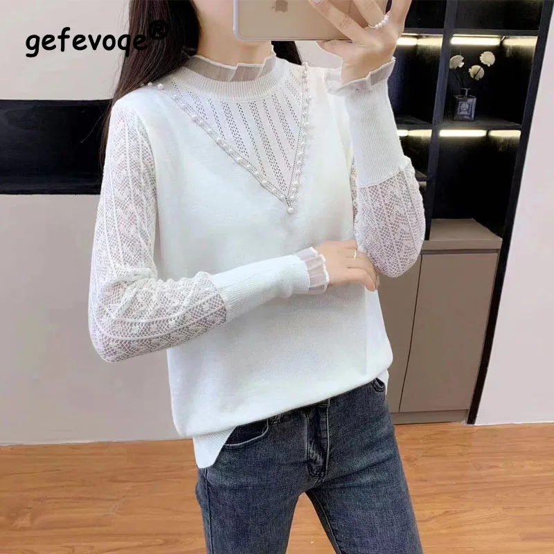

2023 Autumn and Winter Women's Commuter Pullover Fashion Lantern Sleeves Hollow Out Casual Comfortable Versatile Top