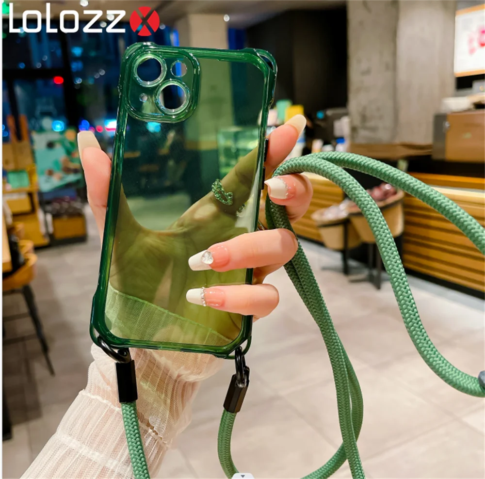 Candy Solid Color Shockproof Crossbody Necklace Lanyard Case with Strap Cord
