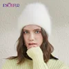 ENJOYFUR Women Winter Real Angora Rabbit Fur Hats Thick Warm Fashion Solid Colors Wool Knit Beanie Hat Female Bonnet Cap 2