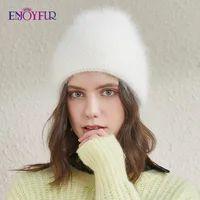 ENJOYFUR Women Winter Real Angora Rabbit Fur Hats Thick Warm Fashion Solid Colors Wool Knit Beanie Hat Female Bonnet Cap 2