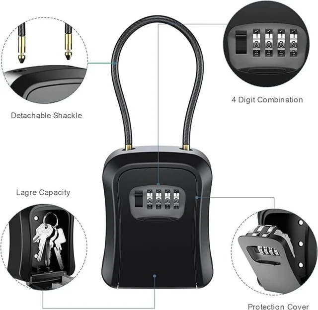 4 Digit Code Box Free Installation Outdoor Resettable Password Plastic Key Box Locking Hook Steel Wire Hanging Key Holder 3