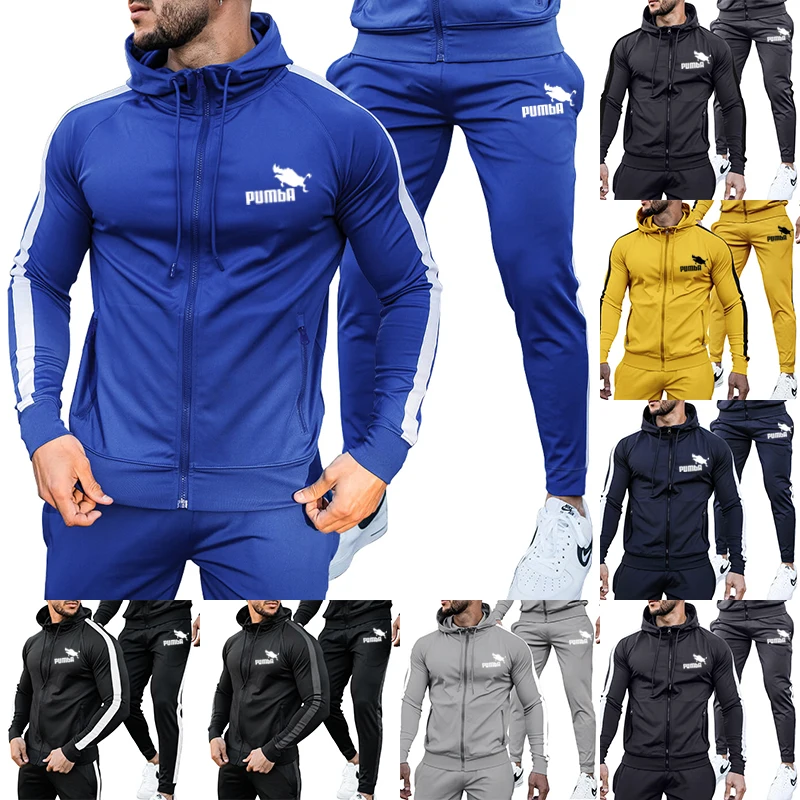 Autumn and Winter Men's Casual Suit Fitness Hair Clothes Men's Color Matching Trendy Hoodie Outdoor Sport Suit Pants Two Peice