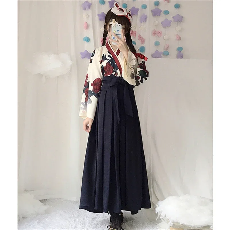 

Girls Japanese Style Retro Kimono Yukata Long Sleeve Party Dress Woman Floral Samurai Tops Robes Bow Belt Skirt Haori Outfit Set