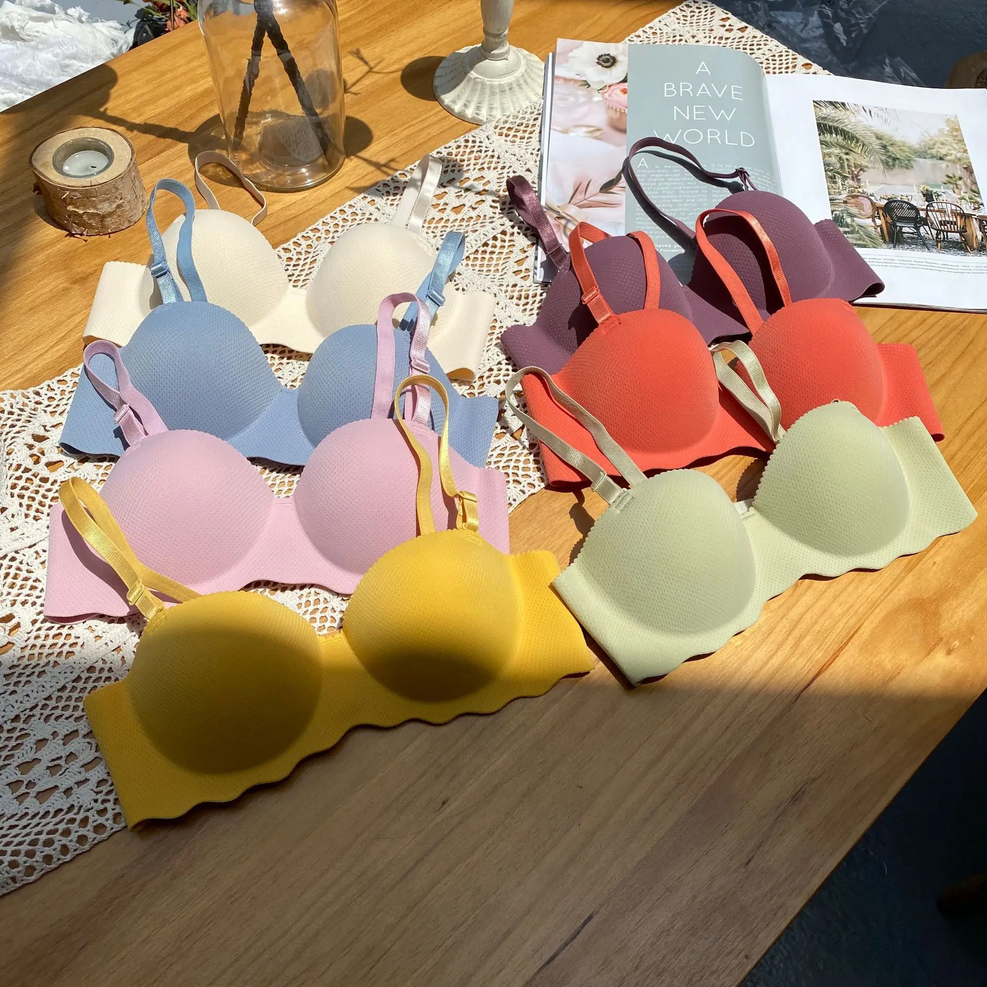 Female Gather Removable Shoulder Strap Solid Color Wireless Lingerie One-pieces Sexy Bras Push Up Seamless Underwear for Women