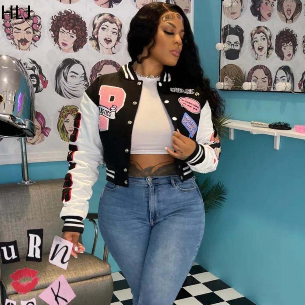 HLJ Fashion Letter Printing Baseball Jacket Women Round Neck Button Long Sleeve Coats Autumn Casual Patchwork Slim Tops Clothing