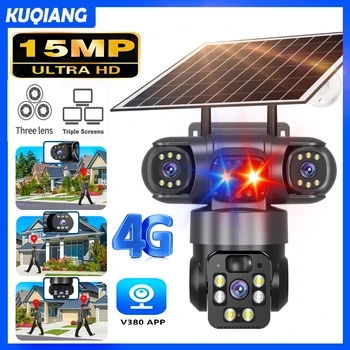 V380 15MP 4G SIM Solar Camera Outdoor Triple Lens Three Screen Two-Way Audio Auto Tracking Security Camera CCTV PTZ Surveillance 1