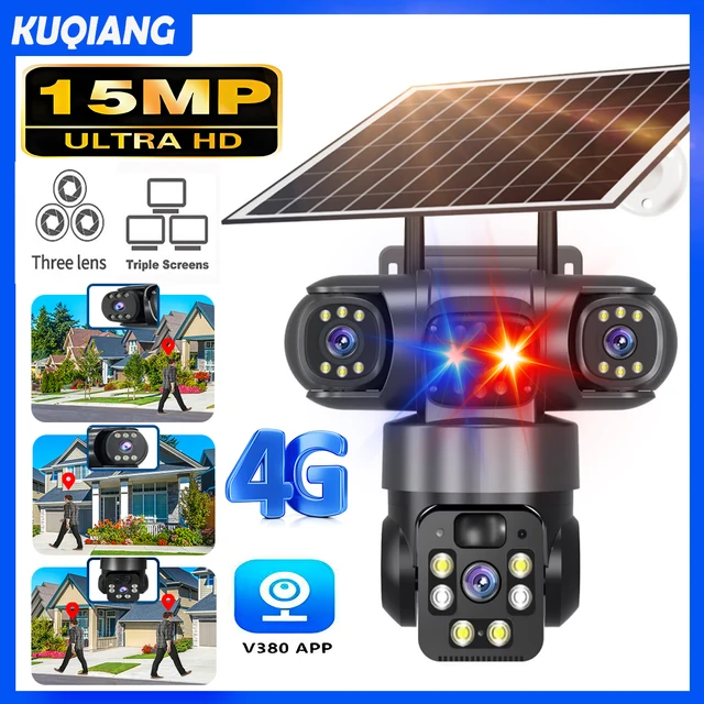 V380 15MP 4G SIM caméra solaire extérieure Triple objectif trois écrans Audio bidirectionnel suivi automatique caméra de sécurité CCTV Surveillance PTZ 1