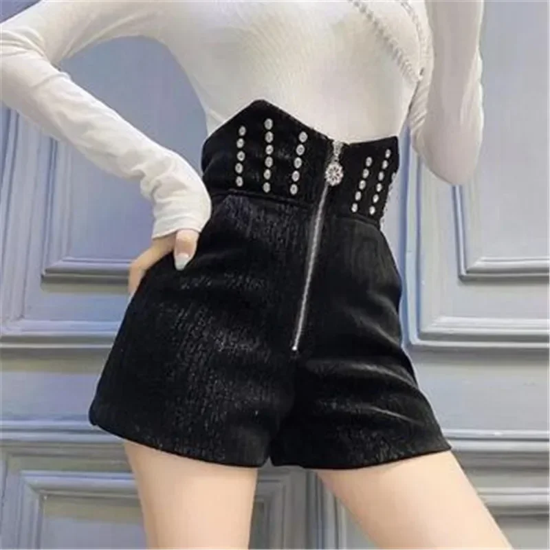 Winter Velvet Shorts Women Shiny Rhinestone Shorts Irregular High Waist Front Zipper Short Trouser Women Black Plus Size Shorts