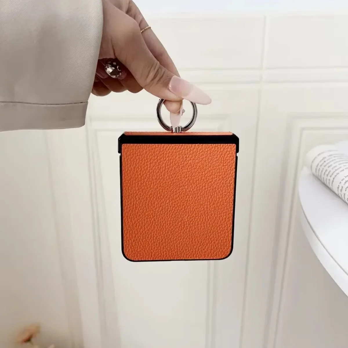 PU Leather Lychee Pattern Phone Case with Ring Holder and Hinge Protection