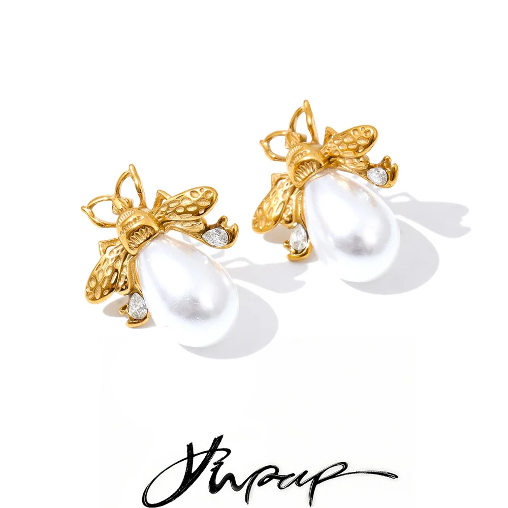 Yhpup Simulated Pearls Zircon Bee Stud Earrings Golden Stainless Steel