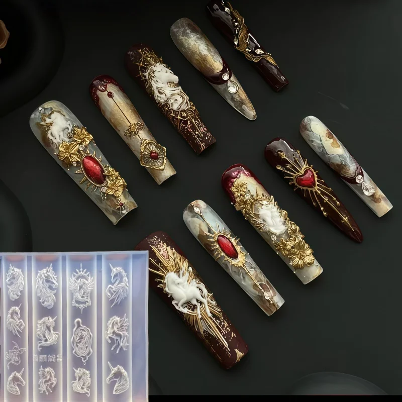 투명 실리콘 네일 아트 몰드 새해 유니콘 말 머리 성스러운 빛 십자가 3D 조각 패턴 일체형 네일 몰드