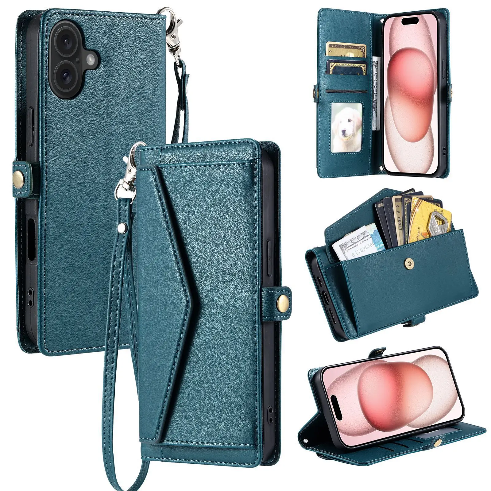 Leather Crossbody Flip Case with Lanyard and 3-Card Wallet Holder