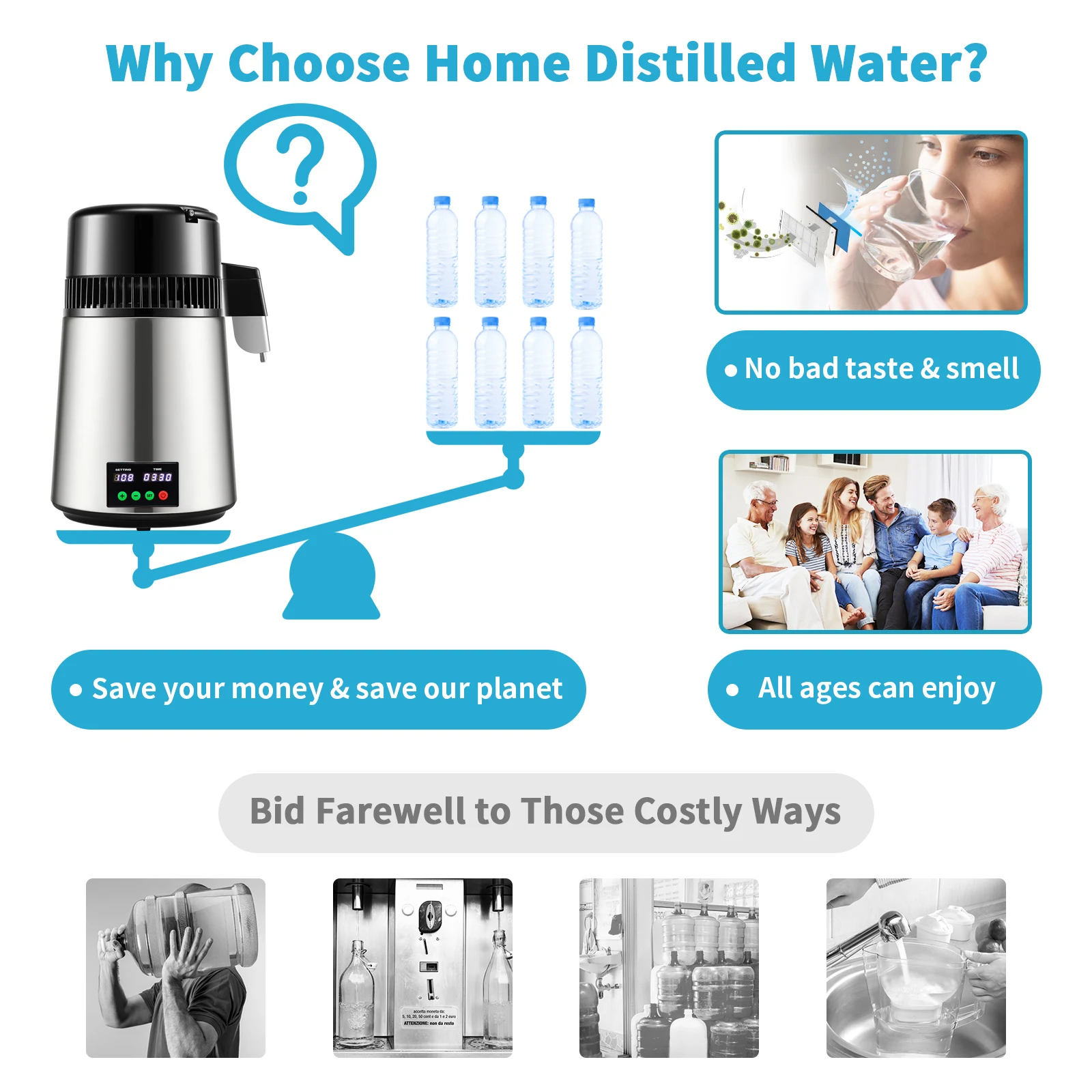 SucceBuy 4L Water Distiller Purifier Filter 1L/H Distilling Speed Dispenser Drinking Bottle Softener Touch Screen Home Appliance water filters