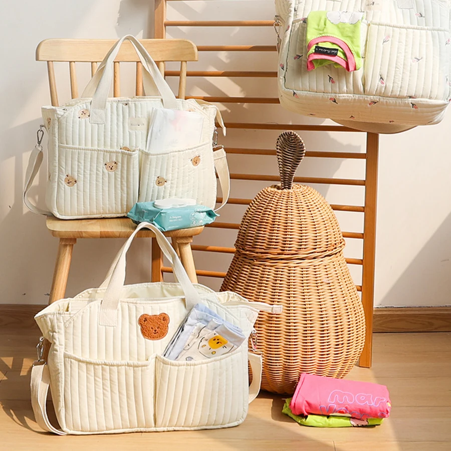 Ins Style Bear Embroidery Mommy Bag, Large Capacity Lightweight Diaper Tote, Multi-function Travel Shoulder Bag_voghion.com