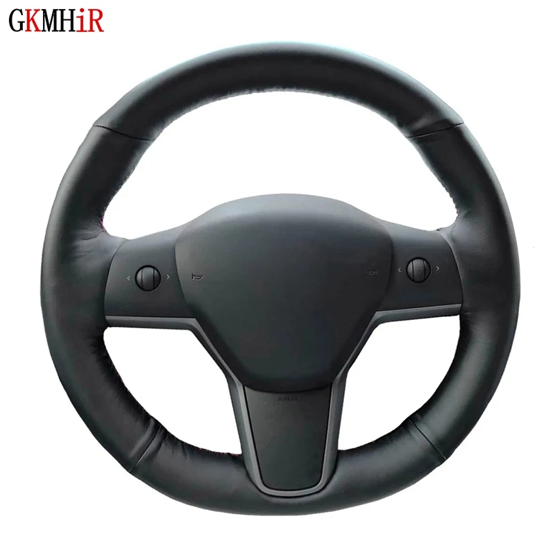 

Hand-Stitched DIY Black Genuine Leather Soft Car Steering Wheel Cover For Tesla Model 3 2017-2019
