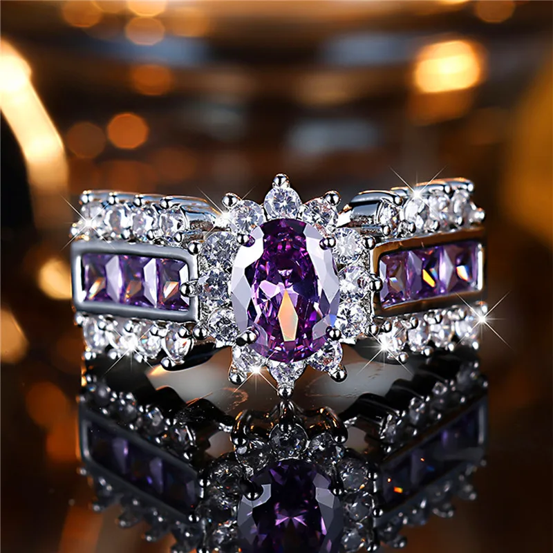 Luxury Female Big Purple Zircon Stone Engagement Ring Trendy Silver Color Bride Wedding Jewelry Gift For Women