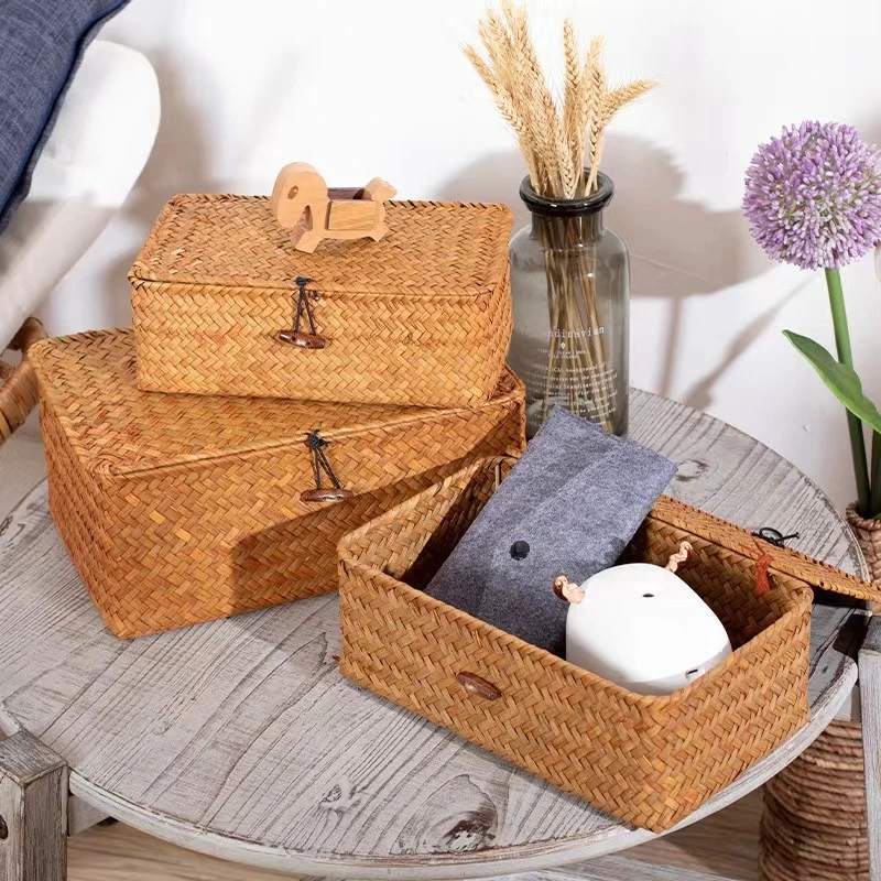 Shelf Baskets with Lid Set of 3 Handwoven Seagrass Storage Box Wicker Basket Desktop Makeup Organizer Multipurpose Container 3