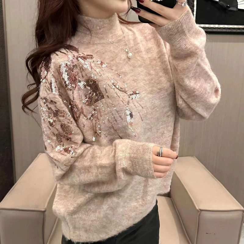 

2023 Autumn and Winter New Retro Sequin Embroidered Mid-High Collar Pullover Mohair Sweater for Women