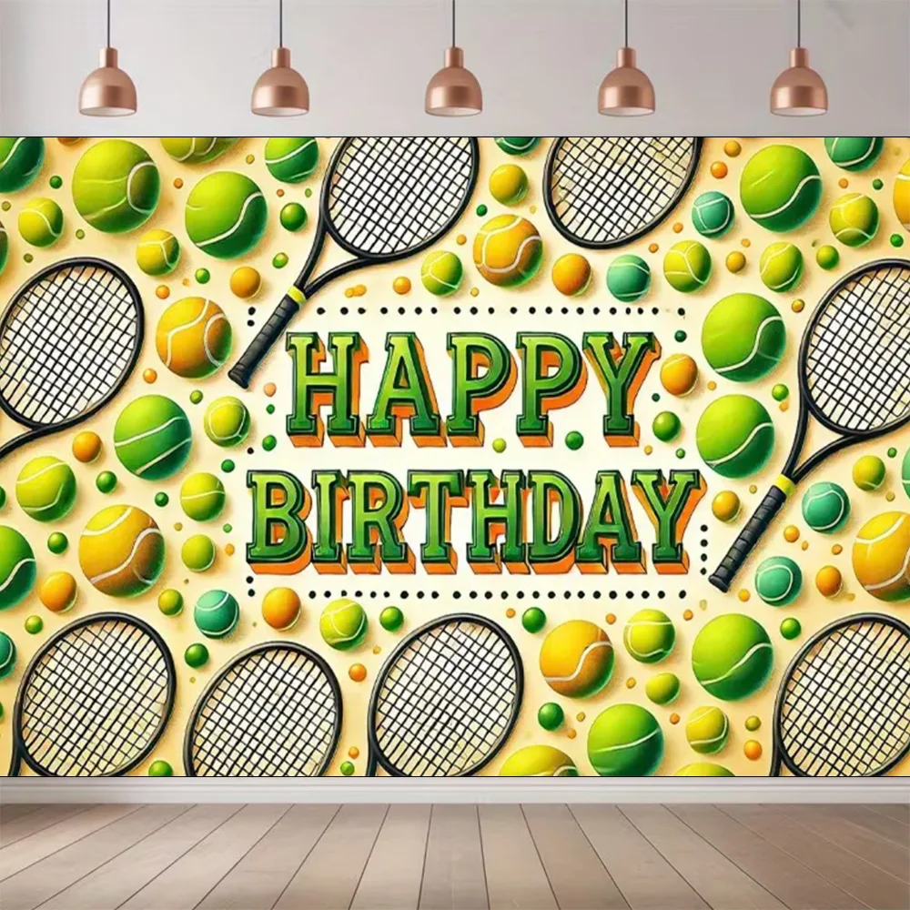 Hintergrund für Geburtstagsparty mit Tennismotiv, leuchtend grüner Tennis- und Schläger-Hintergrund, Geschenkartikel für Kinder, Fotostudio – Detail 12