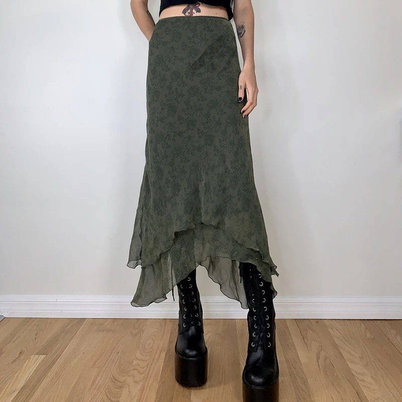 

Fairycore Grunge Green Irregular Midi Skirts 2000s Retro Elegant Lady High Waist Ruffles Chiffon Skirt Women Vintage Streetwear