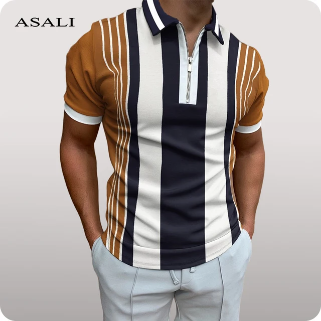 Рубашка-поло мужская клетчатая в полоску, Повседневная футболка с коротким рукавом, с отложным воротником, на молнии, в стиле пэчворк, лето 1