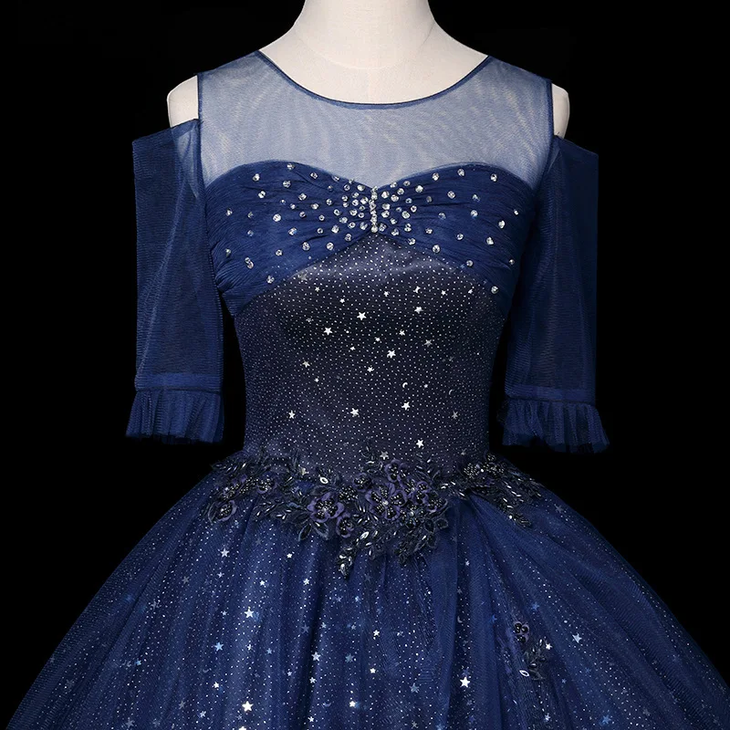 Dark Blue Quinceanera Dresses New Illusion O-neck Half Sleeve Robe De Bal Classic Elegant Bling Shining Plus Size Customized