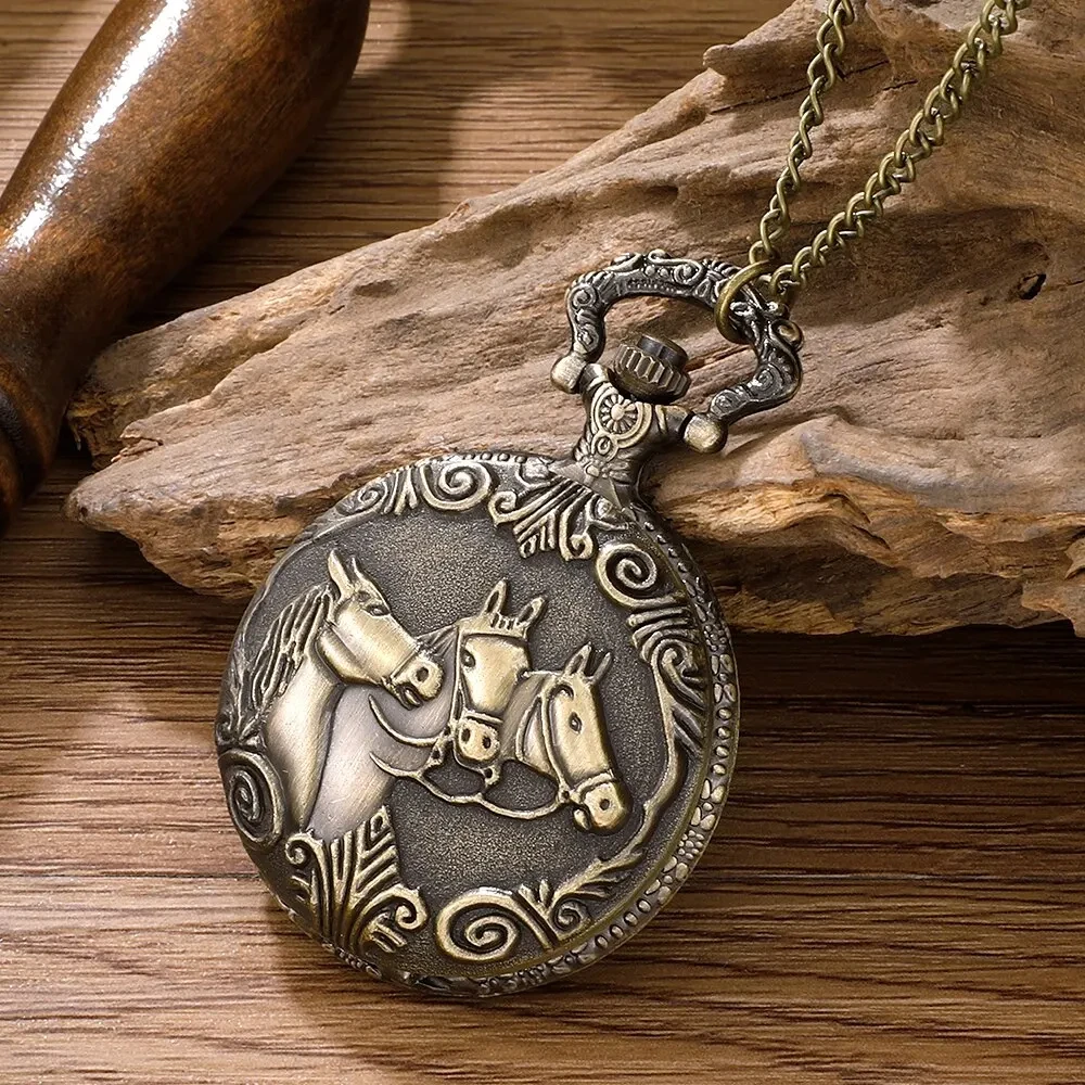 Fashion Vintage Relief Horse Pocket Watch On Chain Vintage