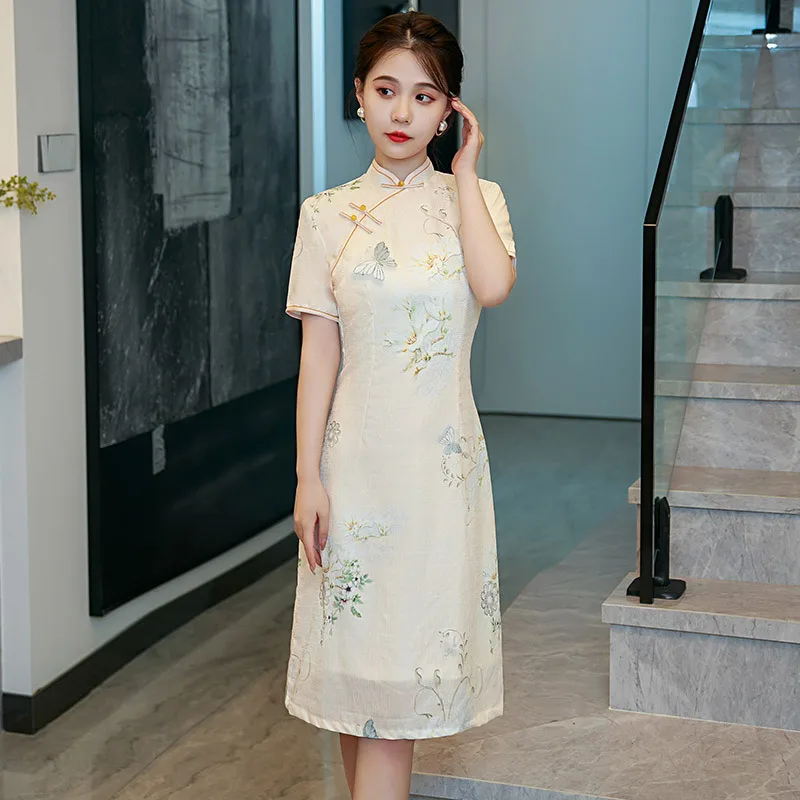 

Autumn Rayon Seven Points Sleeve A-Line Cheongsam Elegant Traditional Chinese Mandarin Collar Qipao Oversize 4XL