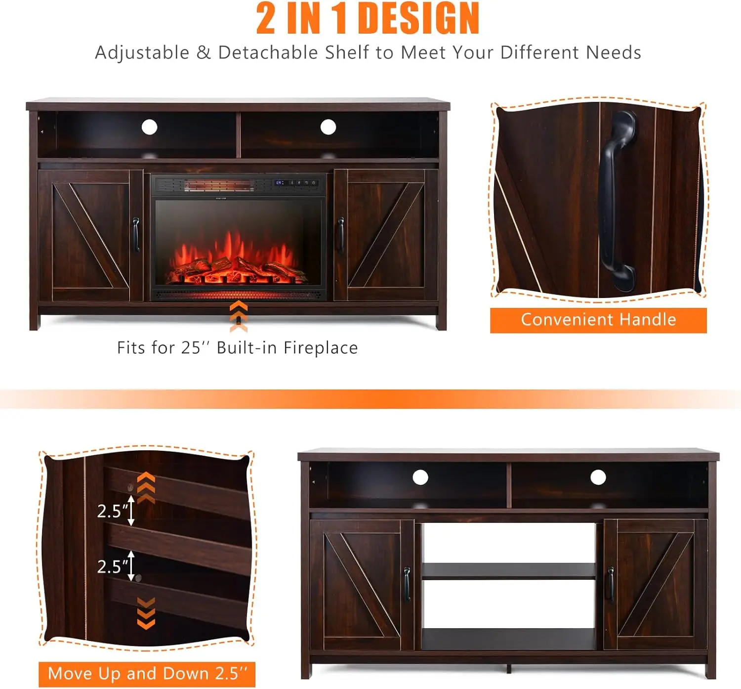Electric Fireplace TV Stand, with 25 Inch 1350W Reccessed Faux Fireplace, 3 Flame Setting, 4 Brightness Remote Control 6