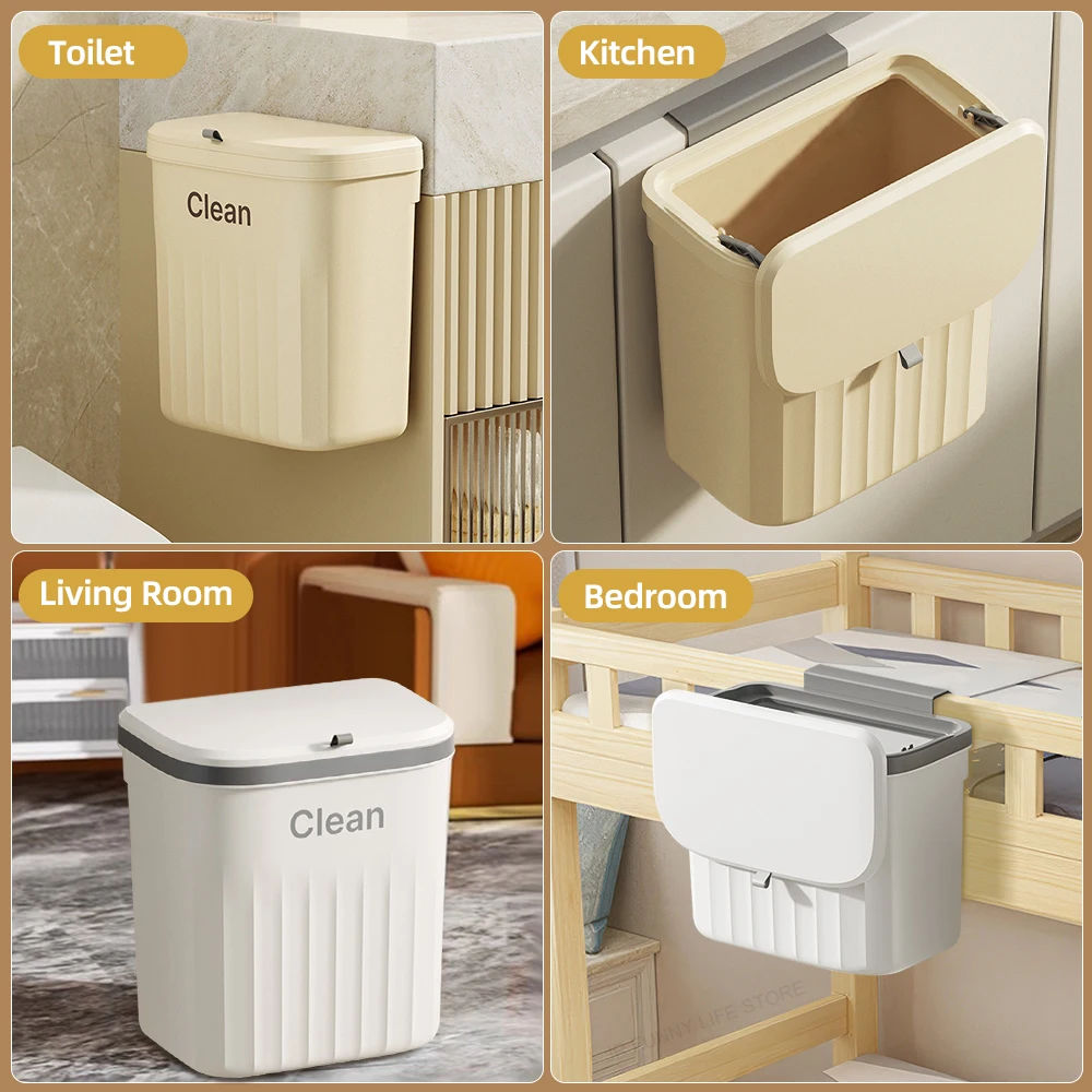 8.5/12L Hanging Trash can For Kitchen Cabinet Door Wall Mounted Bathroom Wastebasket Toilet Trash Bin with Lid Garbage bag trash can
