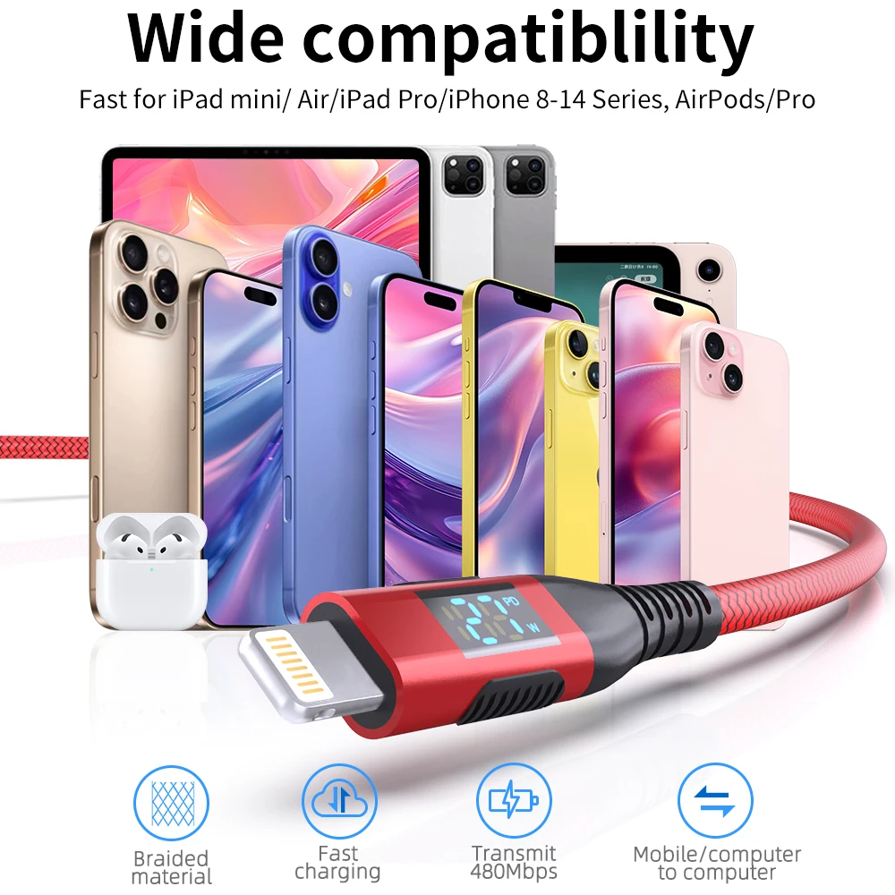 10-Foot USB C to Lightning Cable with LED Display, MFi Certified