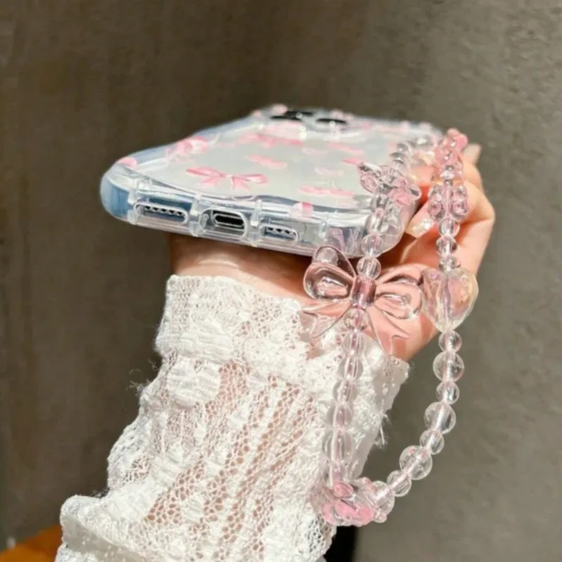 Chic Pink Bow Clear Phone Case with Bow Chain Silicone Cover
