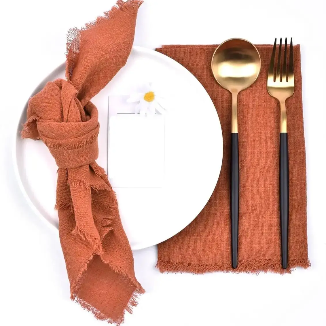 Handmade Cotton Napkins - 10 Pack 32x32cm Fringe Gauze for Dinners Parties Weddings
