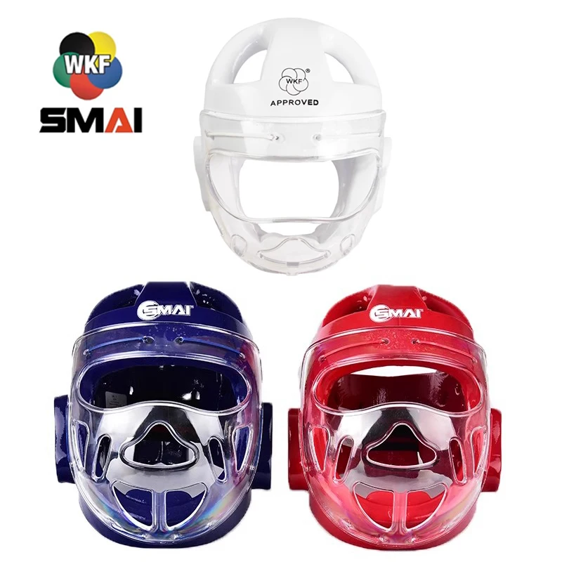 WKF Approved SMAI Kids Karate Head Guard With Mask Adult Children White Blue Red Head Mask Headgear Protection karate head guard
