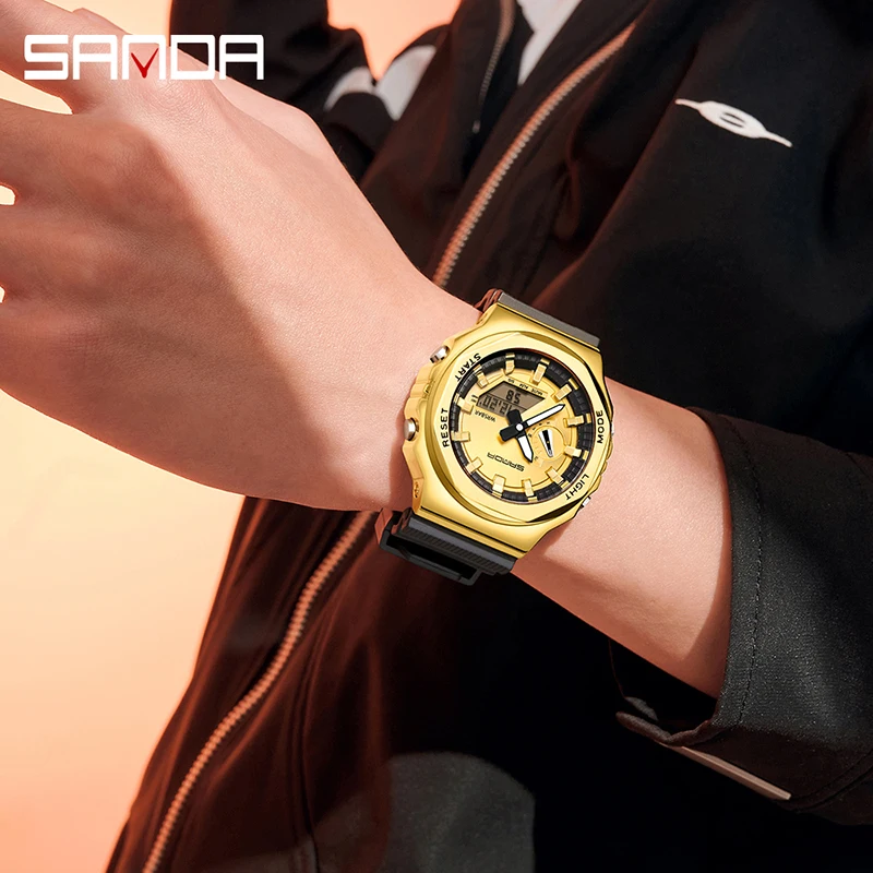 SANDA New Style Men Military Sport Wrist Watch Blue Quartz Steel Waterproof Dual Display Male Clock Watches Relogio Masculino