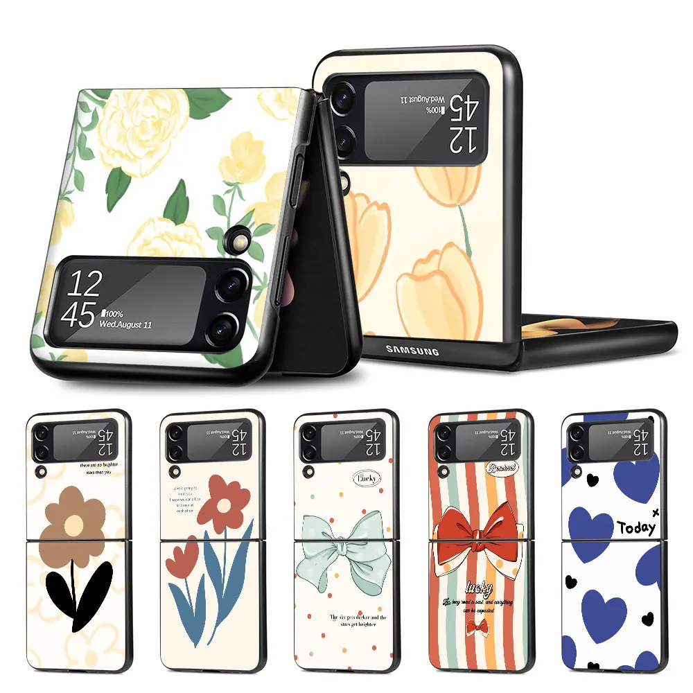 Flower Cute Bow Tulip Case Per Samsung Galaxy Z Flip4 Flip3 5G Black Coque Z Flip 4 3 Hard Pc Cover Per Telefono Di Lusso Zflip3 Funda