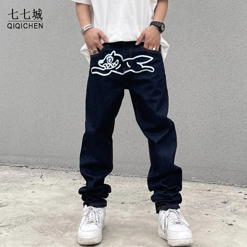 Flying Dog Print Jeans Men Straight 