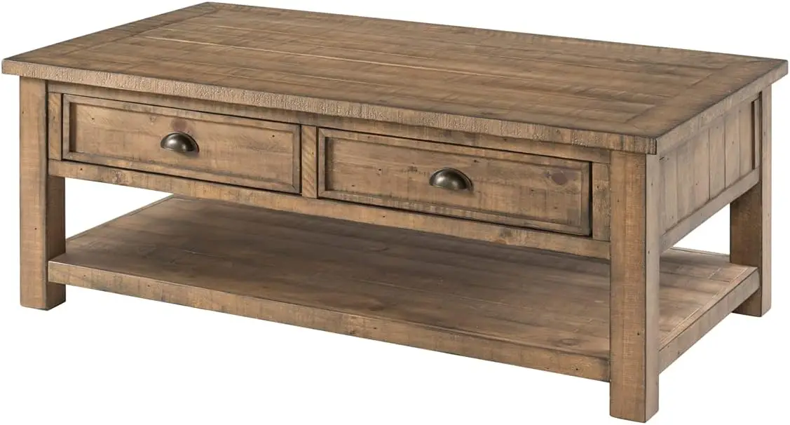 

Solid Wood Coffee Table w/ Storage for Living Room, 2-Tier Rectangle Center Table w/ Drawers, Reclaimed Natural