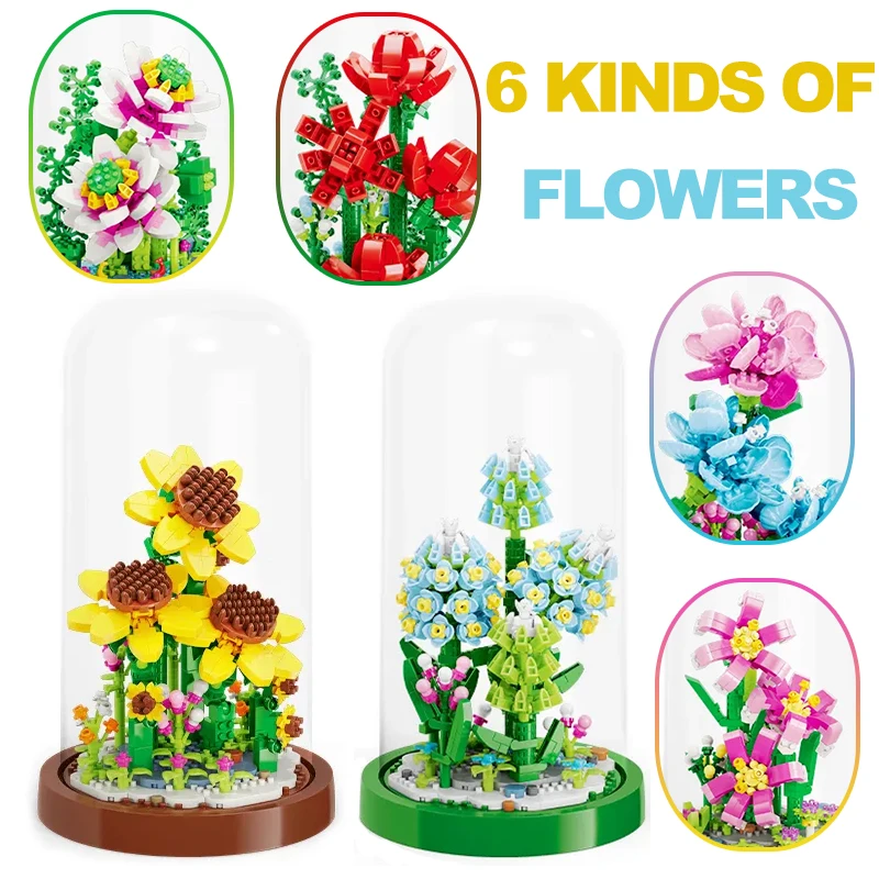 

660PCS Flower Sunflower Building Blocks Carnation Lily Plant Potted Bouquet Decoration Assemble Bricks Model Toy Gift For Girl