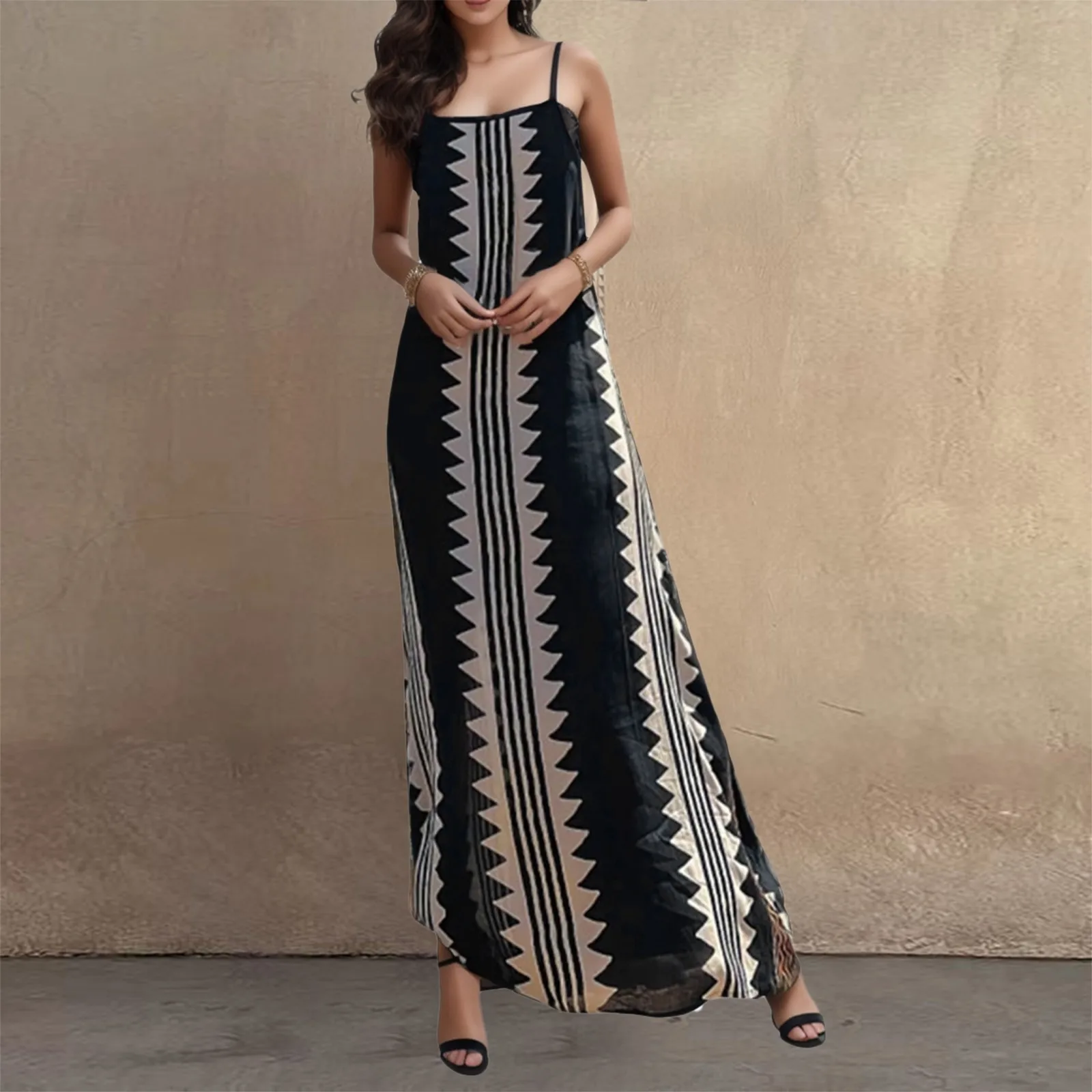 

Women Bohemian Sleeveless Loose Long Dress Summer Spaghetti Straps Maxi Dress Vintage Patterm Print Female Party Beach Dresses