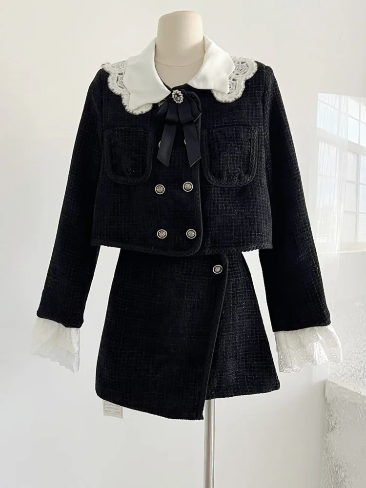 

Small Fragrance Short coat Korean Series Suits Temperament Graceful Doll Collar Short coat Lace Top + A-line Skirts Female Sets