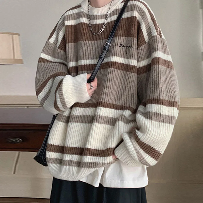 

Striped Contrast Color Men's Sweater Oversized Loose Y2K Fashion Knitted Jumper Couple Vintage Casual Long Sleeve Pullover Tops
