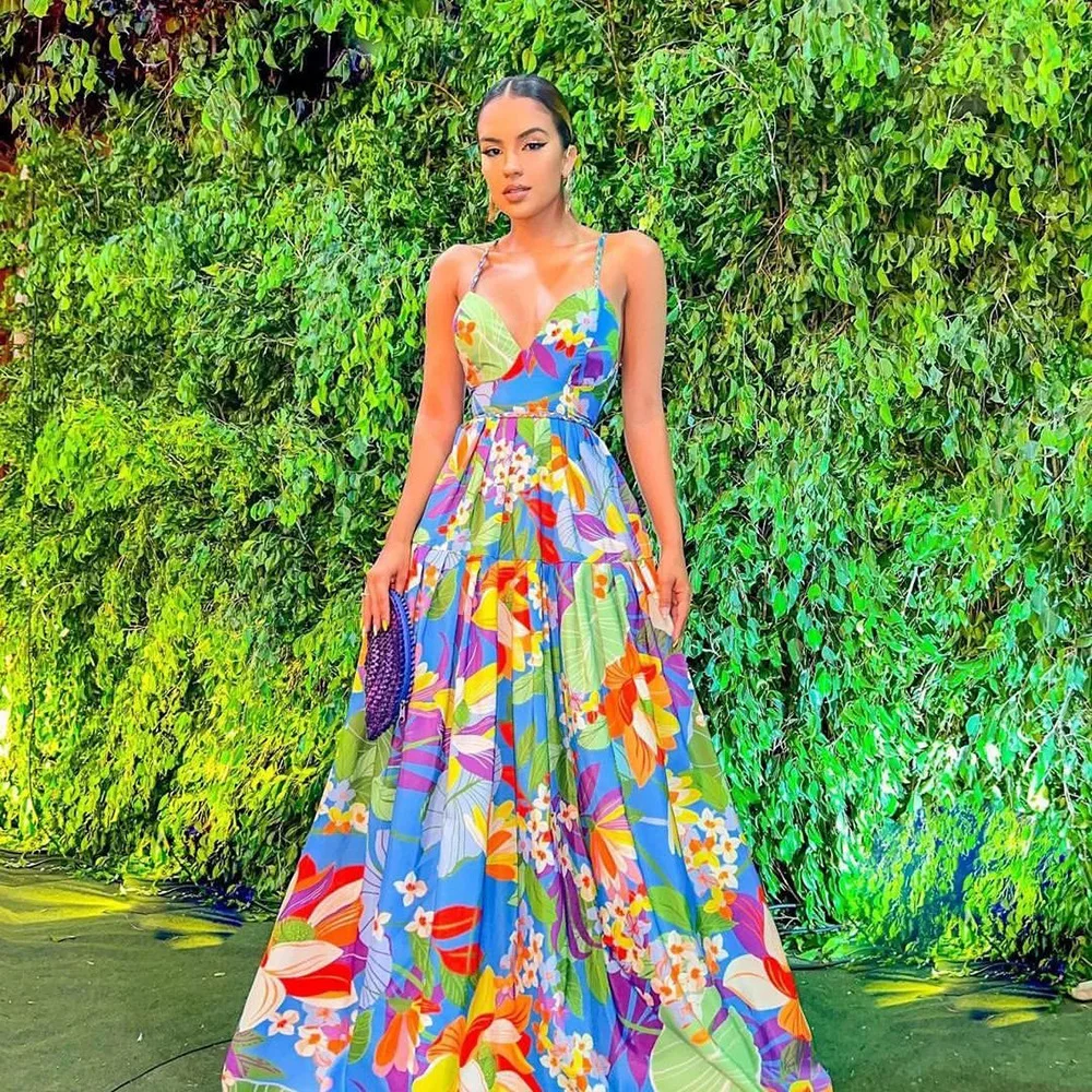 Color Flower Print Spaghetti Strap Evening Dresses Women Temperament Sexy V-neck Backless Beach Vacation Party Long Dress Female
