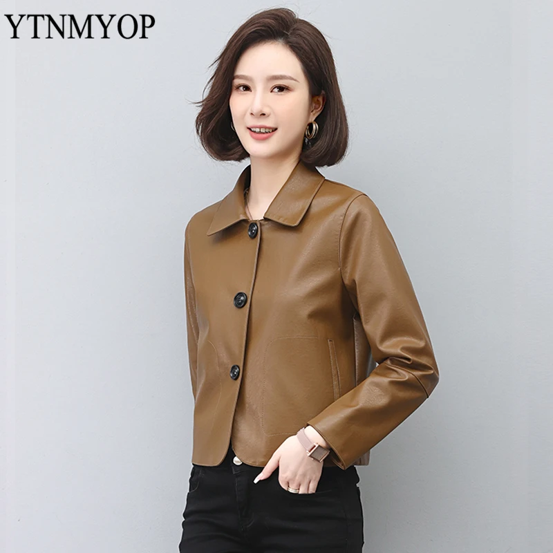 

YTNMYOP Women's Leather Jacket Outwear High Quality Fashion Suede L-5XL Black Khaki Colors Short Coat Office Lady