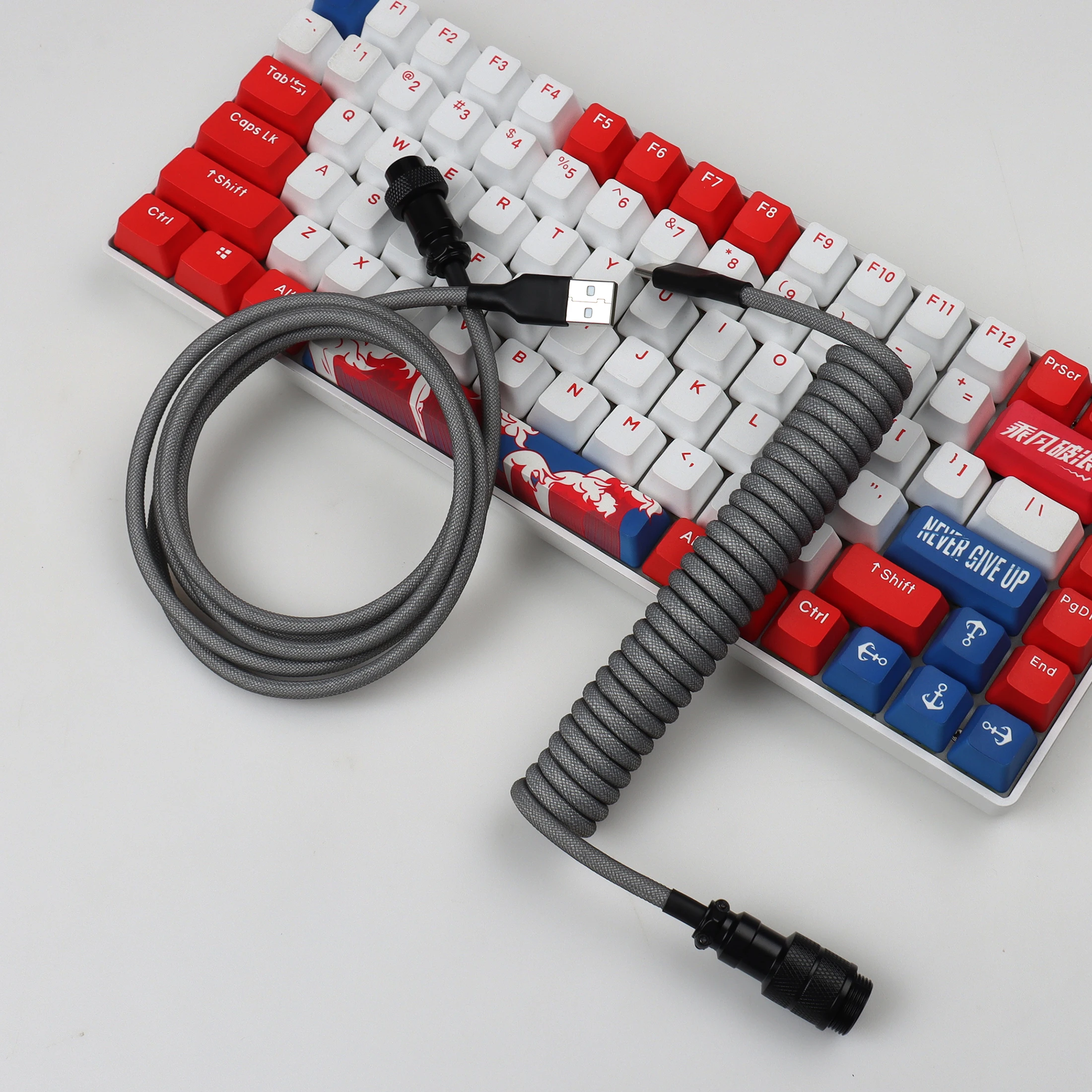 【LANO】핑크색 Type-C-USB 코일 케이블 키보드 분리형 금속 에비에이터 게임용 키보드 데스크탑 컴퓨터용 이중 슬리브 와이어