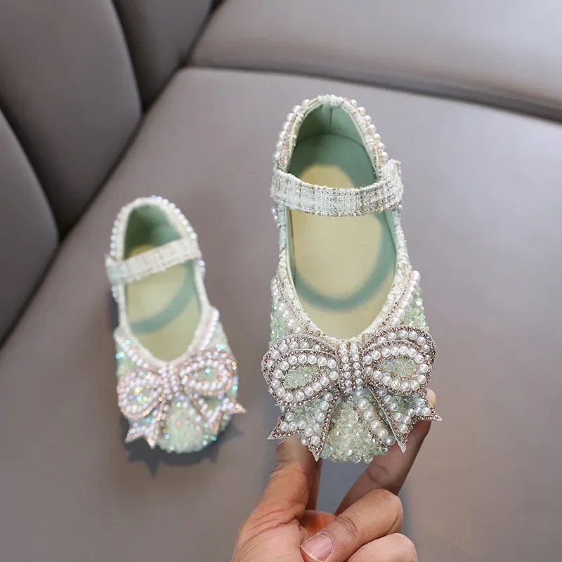 Girls Shoes Bling Single Shoes for Stage Performance Mary Janes Bow Crystal Glitter Wedding Flats Dance Party Leather Shoes New 3
