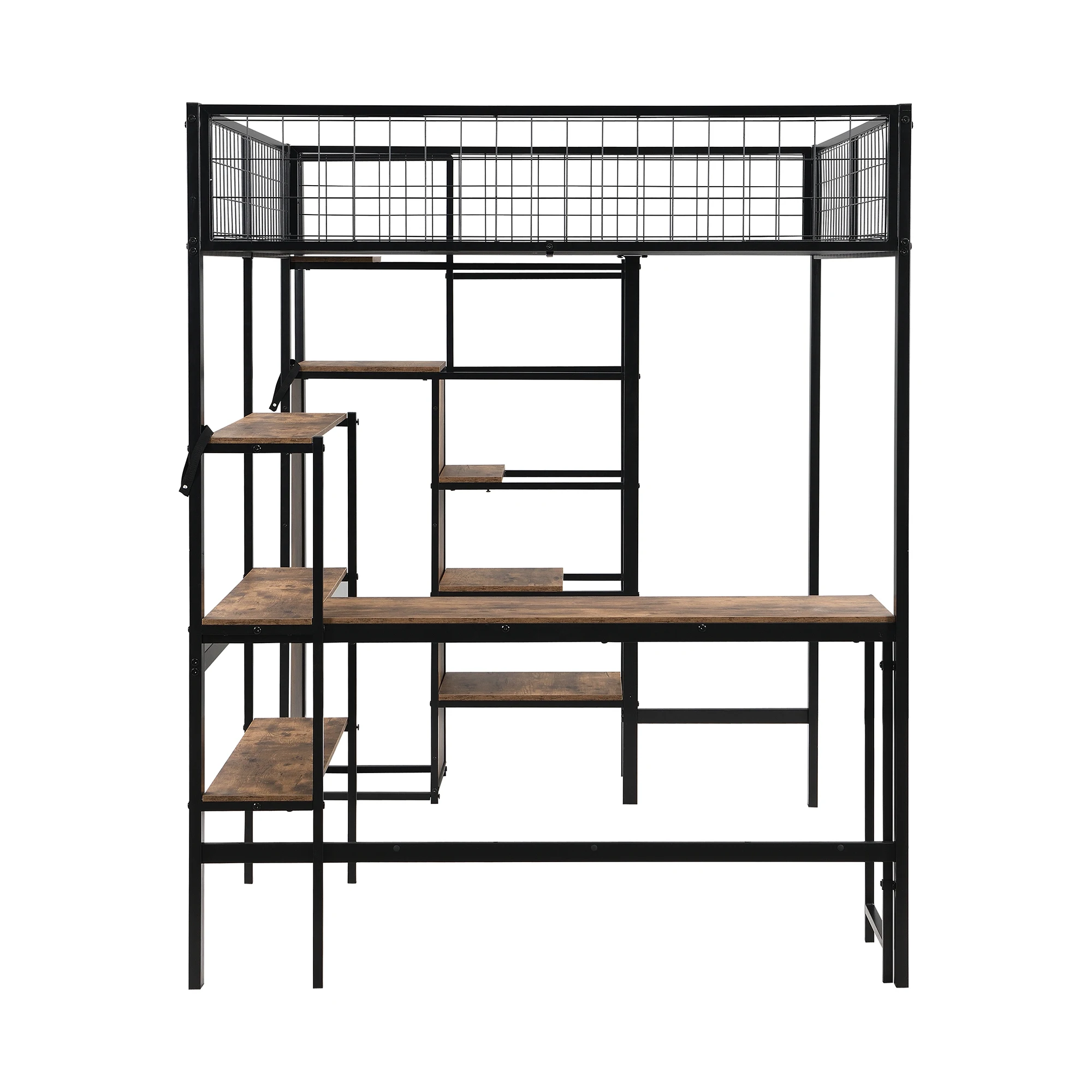 Hochbett, 140*200 cm, Eisenbett, Aufbewahrungsleiter, mehrere Regale, ohne Matratze, integrierter Kleiderschrank, Schreibtisch, schwarz – Detail 13