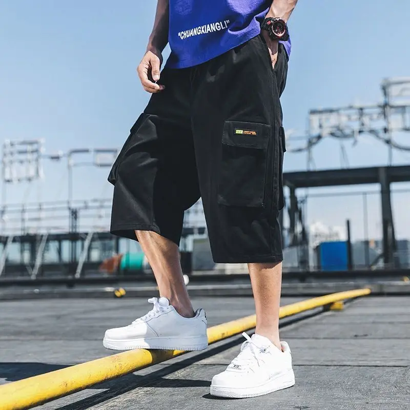 Summer Workwear Shorts Men's Loose Thin Capris Casual Shorts Pants Large Capris Multi Pocket Drawstring Cargo Shorts Male